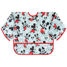 Load image into Gallery viewer, Bumkins Sleeved Bib: Mickey Mouse features a blue waterproof bib with Mickey Mouse illustrations, front pocket, and red trim.
