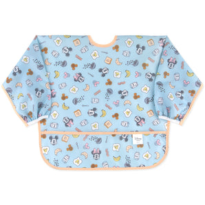 Bumkins Sleeved Bib: Mickey + Minnie Sunny Side Up features light blue waterproof fabric and colorful characters, ideal for baby-led weaning.
