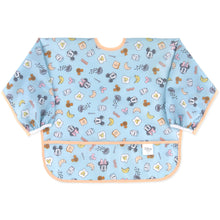Load image into Gallery viewer, Bumkins Sleeved Bib: Mickey + Minnie Sunny Side Up features light blue waterproof fabric and colorful characters, ideal for baby-led weaning.
