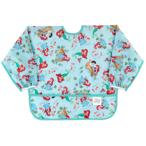 Bumkins Sleeved Bib: Ariel—blue, waterproof, with a vibrant Disney character design, long sleeves, and a front pocket.