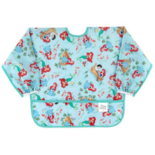 Load image into Gallery viewer, Bumkins Sleeved Bib: Ariel—blue, waterproof, with a vibrant Disney character design, long sleeves, and a front pocket.
