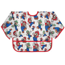 Load image into Gallery viewer, Bumkins Sleeved Bib: Super Mario™ Classic is a sleeved waterproof bib with video game character illustrations, red trim, front pocket.

