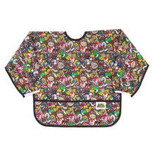 Load image into Gallery viewer, Bumkins Sleeved Bib: Super Mario™ Mashup features beloved video game characters on waterproof fabric with long sleeves and front pocket.
