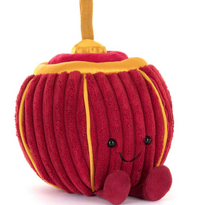 Jellycat Amuseables Rayray Lantern: A red and orange plush apple with a smiling face and gold satin accents. Safe from birth.