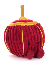 Load image into Gallery viewer, Jellycat Amuseables Rayray Lantern: A red and orange plush apple with a smiling face and gold satin accents. Safe from birth.
