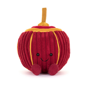 Jellycats Rayray Lantern: Plush red apple toy with a smiley face, gold satin accents, ribbed texture, and a brown stem.