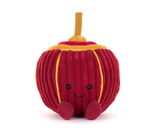 Load image into Gallery viewer, Jellycats Rayray Lantern: Plush red apple toy with a smiley face, gold satin accents, ribbed texture, and a brown stem.
