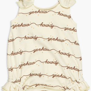 Organic Bowtie Bodysuit, Howdy: cream sleeveless bodysuit with ruffles and brown "howdy" & "yeehaw" pattern; made of 100% organic cotton