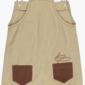 Back of Western Overall: tan overalls with brown straps and two brown pockets with lasso design; made of 100% organic cotton.