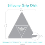 Bumkins Silicone Grip Dish: Zelda™ Triforce with dimensions—width: 7.87 in (20 cm), height: 7.87 in (20 cm), depth: 1 in (2.5 cm).