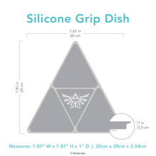 Load image into Gallery viewer, Bumkins Silicone Grip Dish: Zelda™ Triforce with dimensions—width: 7.87 in (20 cm), height: 7.87 in (20 cm), depth: 1 in (2.5 cm).
