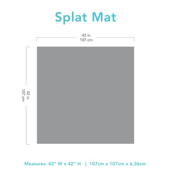 Gray silhouette of Bumkins Splat Mat with dimensions—width: 42 in (107 cm), height: 42 in (107 cm).