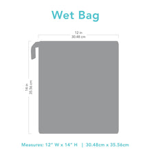 Load image into Gallery viewer, Gray silhouette of the Bumkins Wet Bag with dimensions—width: 12 in (30.48 cm), height: 14 in (35.56 cm).
