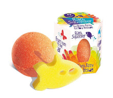 Load image into Gallery viewer, Orange bath bomb, yellow fish soap next to a vibrant Loot Toys Bath Squiggler Fizz &amp; Toy box fill the air with fruity fragrance.
