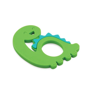 Bumkins Silicone Teether: Dinosaur is a dinosaur-shaped teether made of food-safe green and blue silicone.