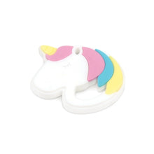 Load image into Gallery viewer, Bumkins Silicone Teether: Unicorn is a unicorn-shaped teether made of food-safe white, pink, blue, and yellow silicone.
