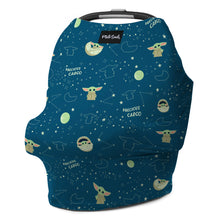 Load image into Gallery viewer, Milk Snobs Star Wars The Child car seat cover features a space-themed design with green creatures, hats, stars, and Precious Cargo.
