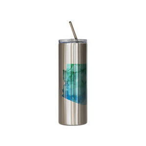 Tall, stainless steel tumbler by LMN Designs with lid and straw, featuring Arizona blue/green watercolor design.