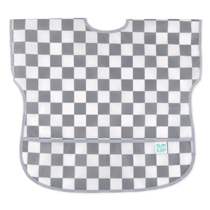Bumkins Junior Bib: Charcoal Check features gray and white checkered, easy-wipe waterproof fabric, with pocket at the bottom.