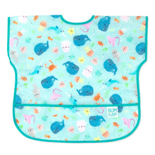 Load image into Gallery viewer, Bumkins Junior Bib: Ocean Life features teal waterproof fabric with a sea creature design, front pocket, and adjustable neck closure.
