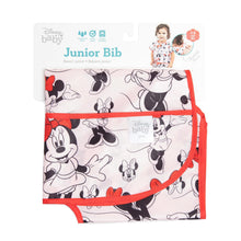 Load image into Gallery viewer, Bumkins Junior Bib: Minnie Mouse Classic is shown folded on white cardboard packaging.
