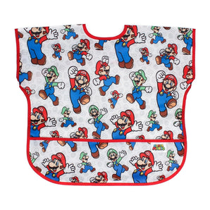 Bumkins Junior Bib: Super Mario™ & Luigi features a colorful video game character print on waterproof fabric, red trim, and front pocket.