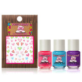 Piggy Paint Unicorn Fairy set: 3 non-toxic, cruelty-free polishes in pink, blue, purple + heart-themed 3-D nail art.