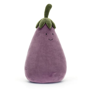 Smiling Jellycat, Amuseables Eggplant Large plush with a green stem and leafy top.