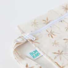 Load image into Gallery viewer, Close-up of Bumkins Wet Bag: Palm Daze, featuring a palm tree pattern and white zipper; a waterproof, eco-friendly choice.
