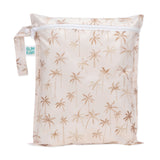 Bumkins Wet Bag: Palm Daze features a palm tree pattern on beige waterproof fabric, a white zipper, and handle with button.