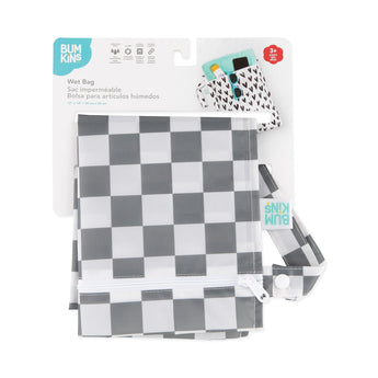 Bumkins Wet Bag: Charcoal Check is shown folded on white cardboard packaging.