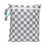 Bumkins Wet Bag: Charcoal Check features a gray and white checkered pattern on waterproof fabric, a zipper closure, and a side handle.