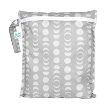 Load image into Gallery viewer, Bumkins Wet Bag: Lunar Phase is made of gray waterproof fabric with a white moon phase pattern, with a zipper and side handle.
