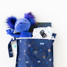 Load image into Gallery viewer, Bumkins Wet Bag: Evil Eye holds a blue plush toy, clothes, a book, and a pacifier on a white background.
