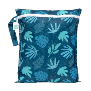 Bumkins Wet Bag: Blue Tropic is a zippered, dark blue waterproof bag with a side handle and blue leaf motif.