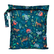 Load image into Gallery viewer, Bumkins Wet Bag: Jungle features a colorful design with sloths, cheetah, and koalas on dark blue waterproof fabric with a zipper closure.
