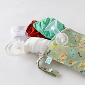 Bumkins Wet Bag: Camp Gear holds breast pump parts and cloth diapers on a white background.