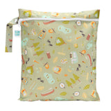 Bumkins Wet Bag: Camp Gear features a camp-themed design with tents and trees on green waterproof fabric and a white zipper.