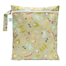 Load image into Gallery viewer, Bumkins Wet Bag: Camp Gear features a camp-themed design with tents and trees on green waterproof fabric and a white zipper.
