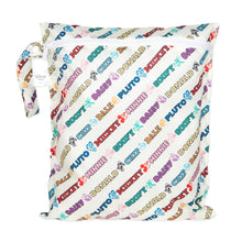 Load image into Gallery viewer, Bumkins Wet Bag: Mickey &amp; Friends Varsity features colorful names of Disney characters in various fonts.
