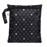 Bumkins Wet Bag: Mickey Mouse Icon Black + White is a black waterproof zippered pouch with a white Mickey Mouse silhouette pattern.