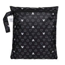 Load image into Gallery viewer, Bumkins Wet Bag: Mickey Mouse Icon Black + White is a black waterproof zippered pouch with a white Mickey Mouse silhouette pattern.
