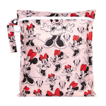 Load image into Gallery viewer, Bumkins Wet Bag: Minnie Mouse Classic features Minnie Mouse illustrations on pink waterproof fabric with a zipper closure &amp; side handle.
