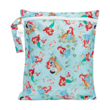 Load image into Gallery viewer, Bumkins Wet Bag: Disney Princess Ariel showcases The Little Mermaid characters on waterproof fabric, with heat-sealed seams and a zipper closure.
