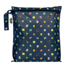 Load image into Gallery viewer, Bumkins Wet Bag: Super Mario™ Lineup features video game icons on black waterproof fabric with a zipper closure and side handle.

