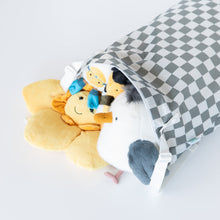 Load image into Gallery viewer, Bumkins Extra Large Wet Bag: Charcoal Check holds plush toys on a white background.
