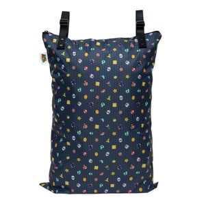 Bumkins Extra Large Wet Bag: Super Mario™ Lineup features black waterproof fabric with a video game motif and dual straps.