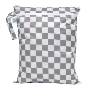 Bumkins Wet/Dry Bag: Charcoal Check is waterproof with two zippered compartments and a handle for odor-free storage of wet items.