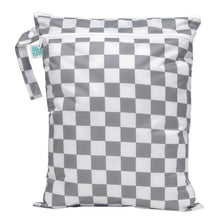 Load image into Gallery viewer, Bumkins Wet/Dry Bag: Charcoal Check is waterproof with two zippered compartments and a handle for odor-free storage of wet items.
