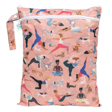 Load image into Gallery viewer, Bumkins Wet/Dry Bag: Yoga Pals features peach, waterproof fabric with illustrations of people and animals in yoga poses.
